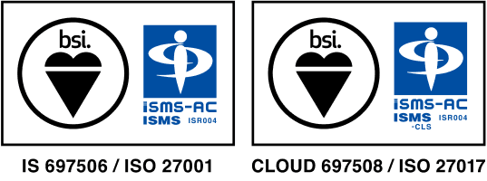ISMSクラウドセキュリティ認証「ISO/IEC 27017:2015」 、ISMS認証「ISO/IEC 27001:2013」 ロゴ